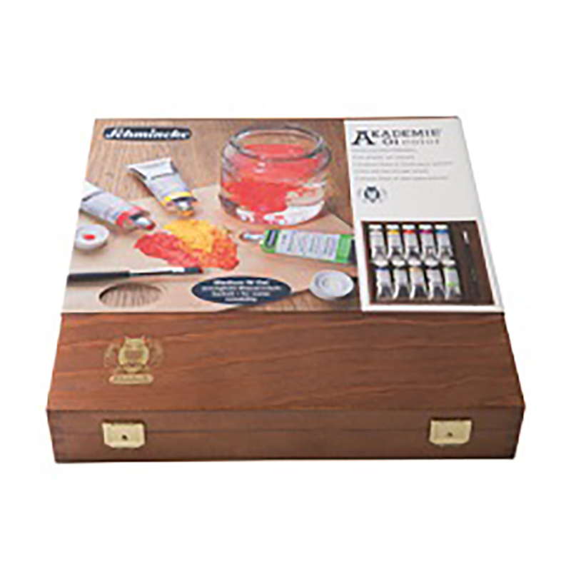 Coffret en bois avec couvercle 9 couleurs fines à  l'huile 60ml + Medium W Gel pinceau 10
