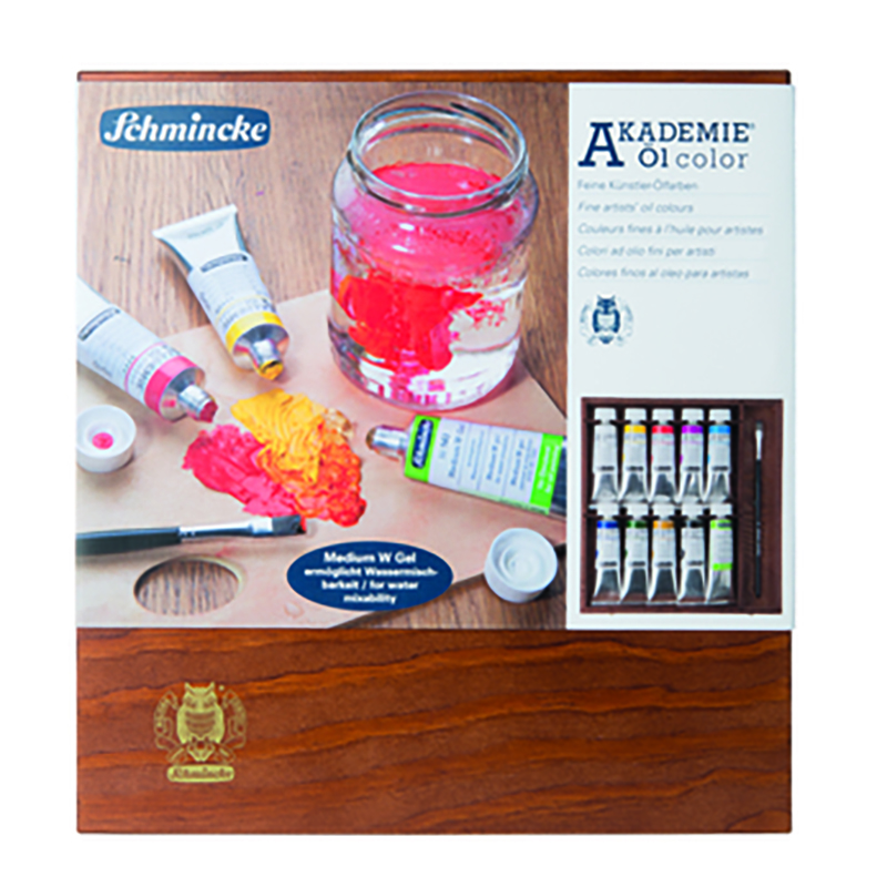 Coffret en bois avec couvercle 9 couleurs fines à  l'huile 60ml + Medium W Gel pinceau 10
