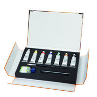 Coffret en carton à  fermeture magnétique contient 7 tubes de couleurs assorties de 35ml. Terpine (60 ml), pinceau 10 Da Vinci et fusain